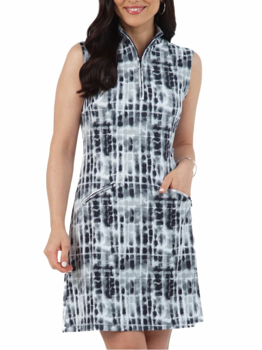 IBKUL Black and White Tie-Dye Sleeveless Polo Dress